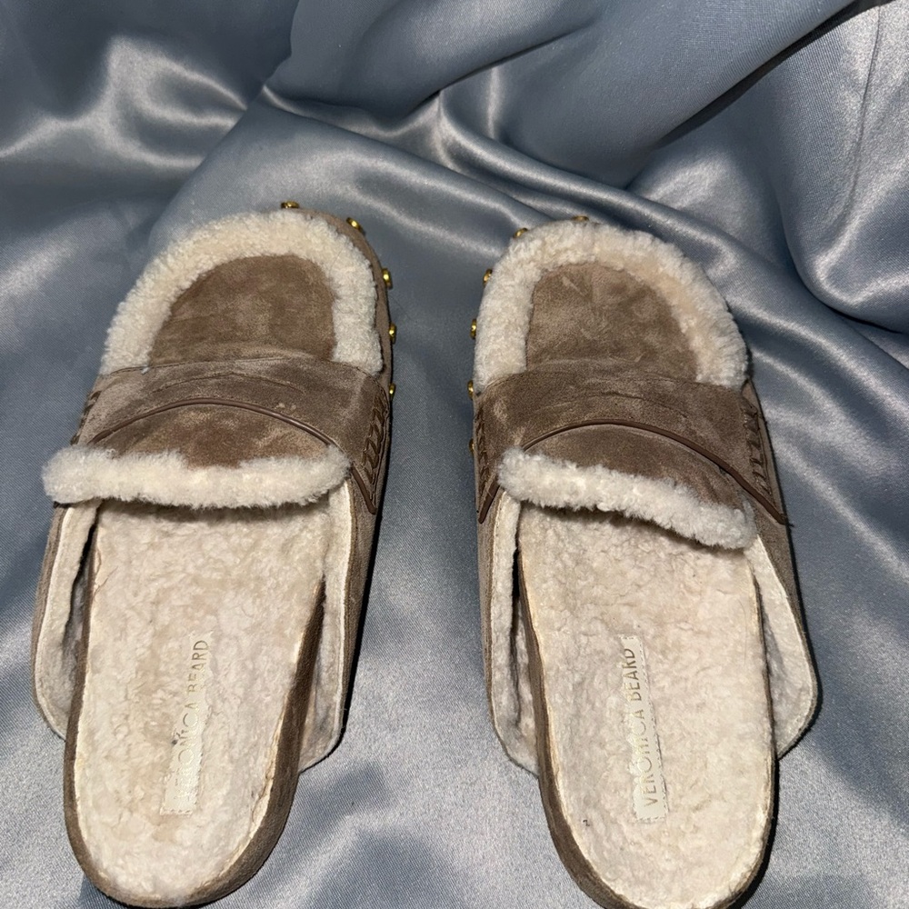 Veronica Beard Taupe Suede Shearling-Trim Studded Mule Slides - Picture 2 of 6